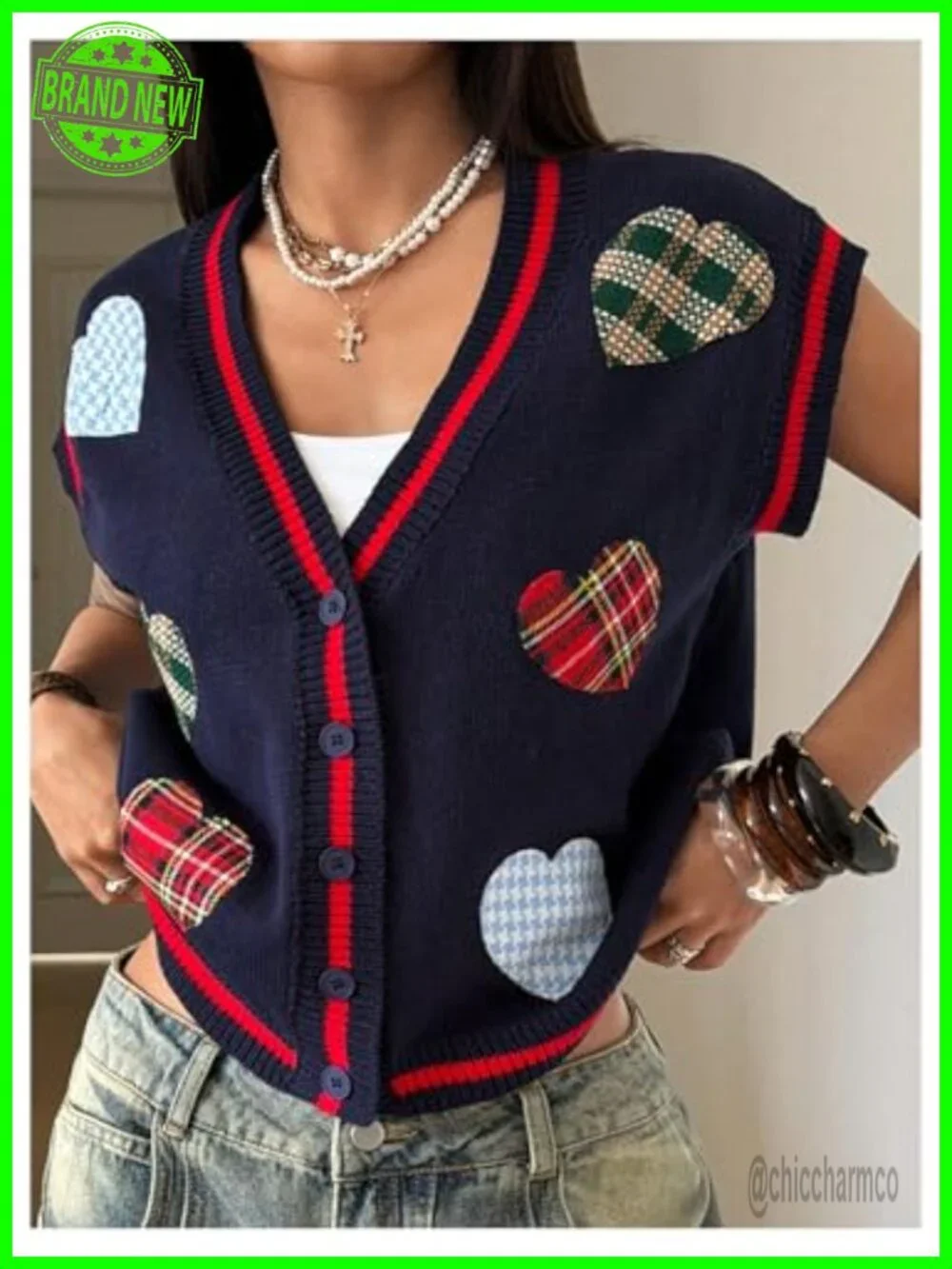 Plaid Heart Patchwork Knit Sweater Vest V Neck Button Up Cap Sleeve Cardigan